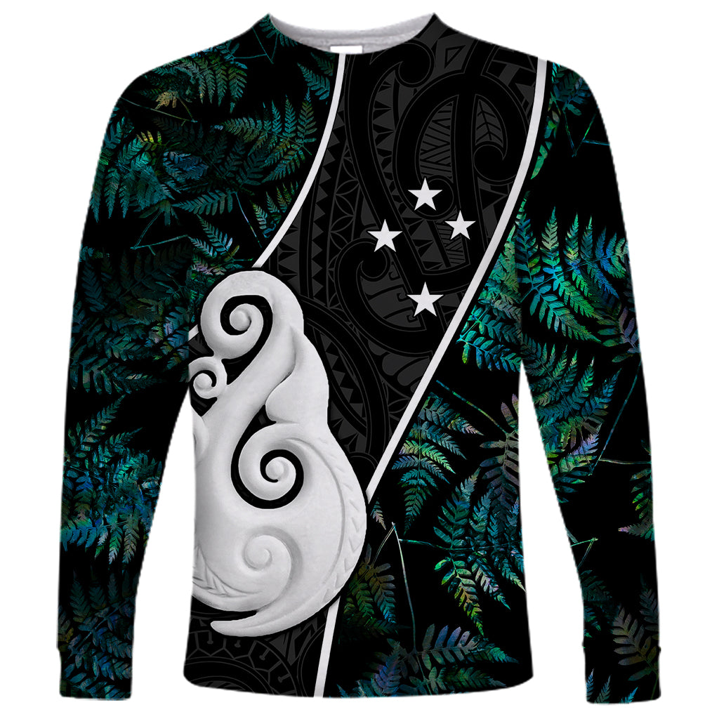 Personalised New Zealand Long Sleeve Shirt Paua Shell Maori Manaia with Silver Ferns - Vibe Hoodie Shop