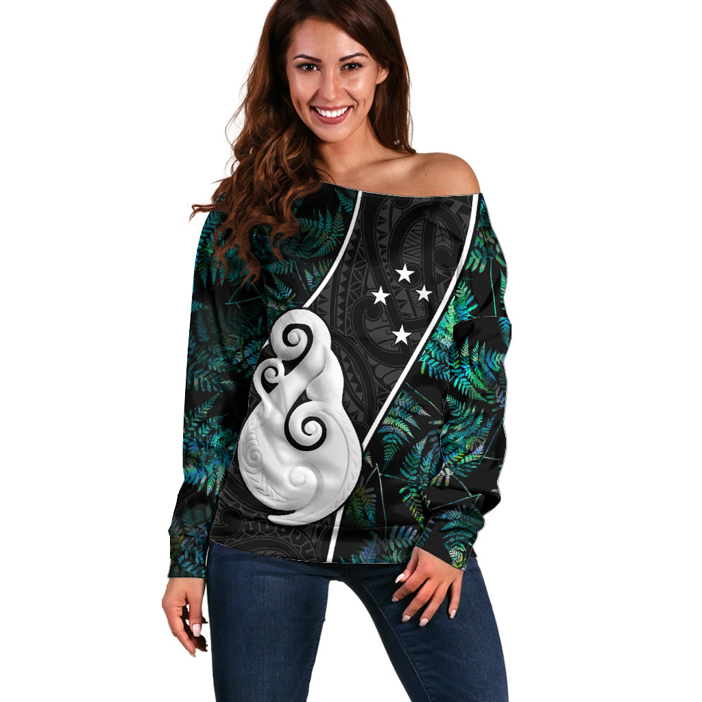 Personalised New Zealand Off Shoulder Sweater Paua Shell Maori Manaia with Silver Ferns - Vibe Hoodie Shop