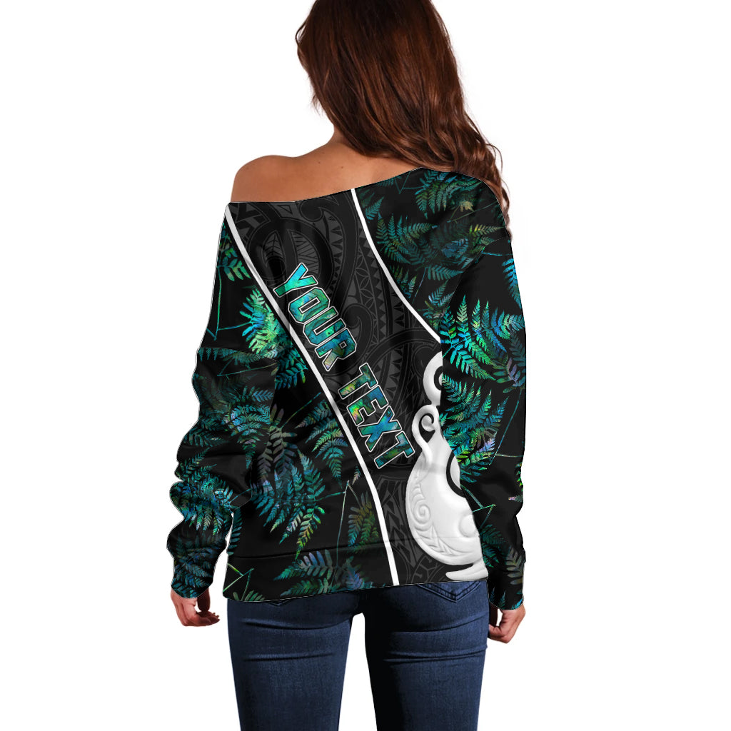 Personalised New Zealand Off Shoulder Sweater Paua Shell Maori Manaia with Silver Ferns - Vibe Hoodie Shop