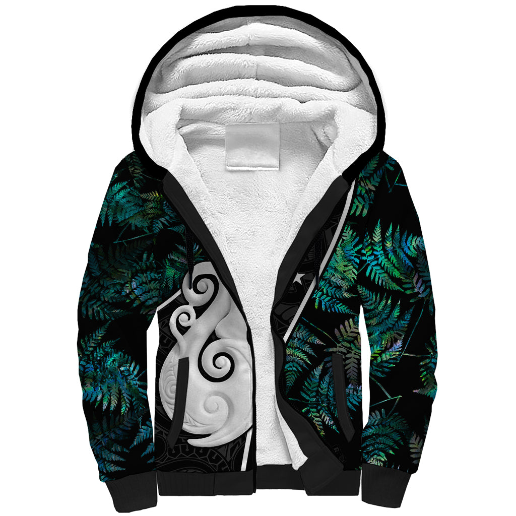 Personalised New Zealand Sherpa Hoodie Paua Shell Maori Manaia with Silver Ferns - Vibe Hoodie Shop