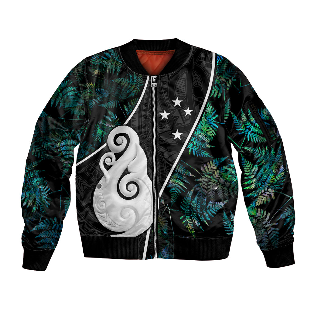 peronsalised-new-zealand-sleeve-zip-bomber-jacket-paua-shell-maori-manaia-with-silver-ferns