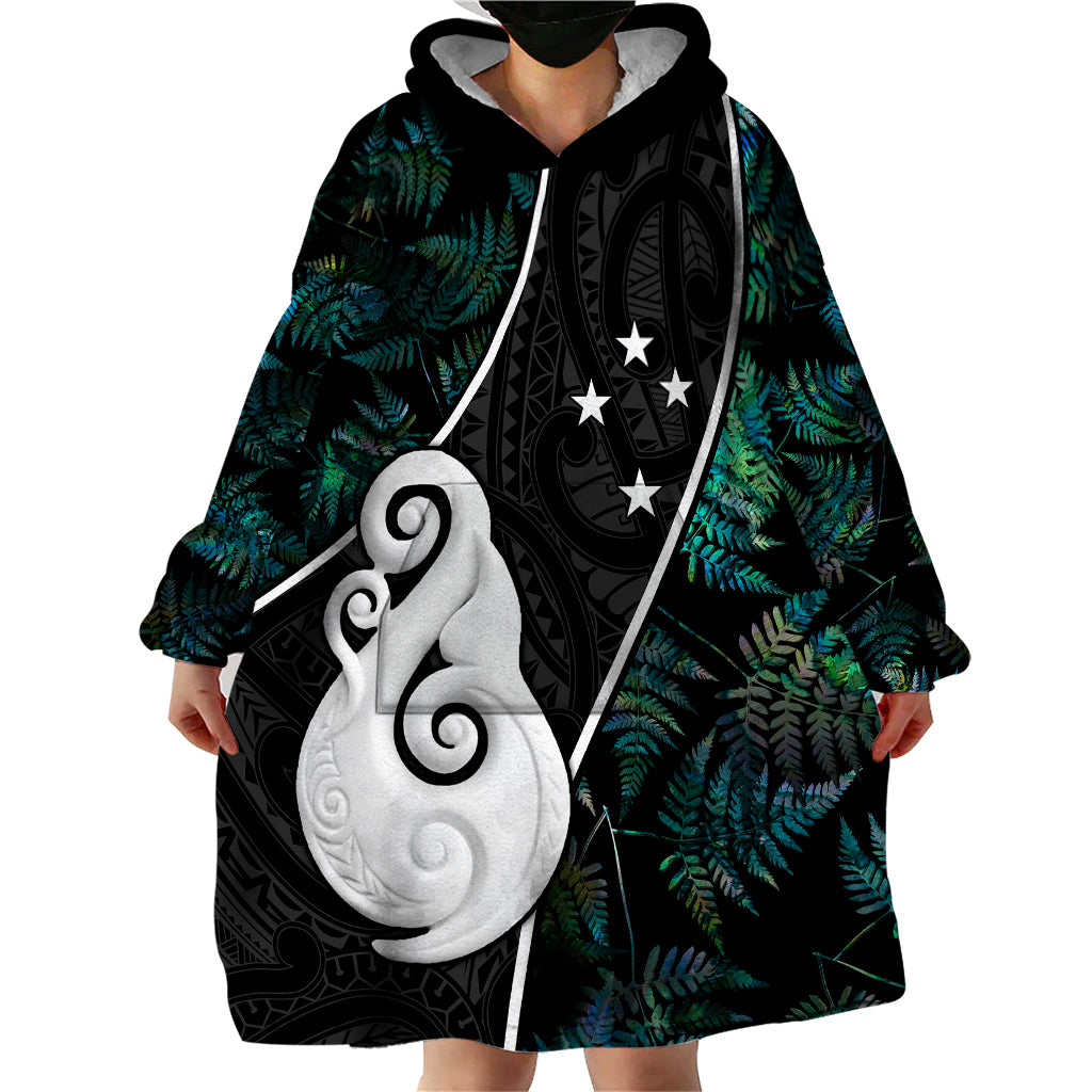 Personalised New Zealand Wearable Blanket Hoodie Paua Shell Maori Manaia with Silver Ferns - Vibe Hoodie Shop