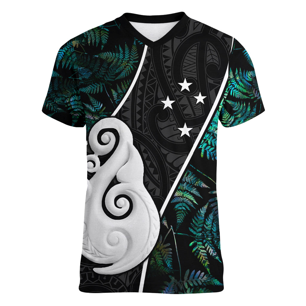 Personalised New Zealand Women V Neck T Shirt Paua Shell Maori Manaia with Silver Ferns - Vibe Hoodie Shop