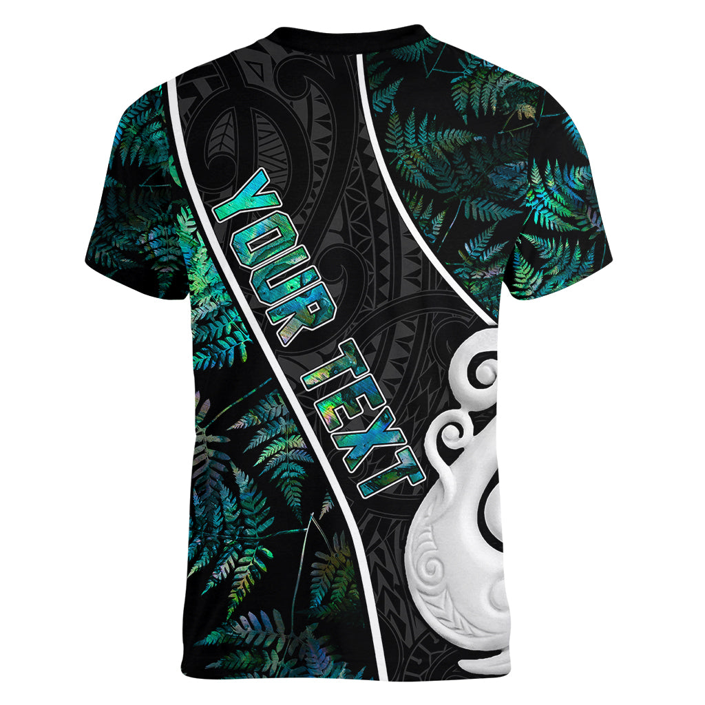 Personalised New Zealand Women V Neck T Shirt Paua Shell Maori Manaia with Silver Ferns - Vibe Hoodie Shop