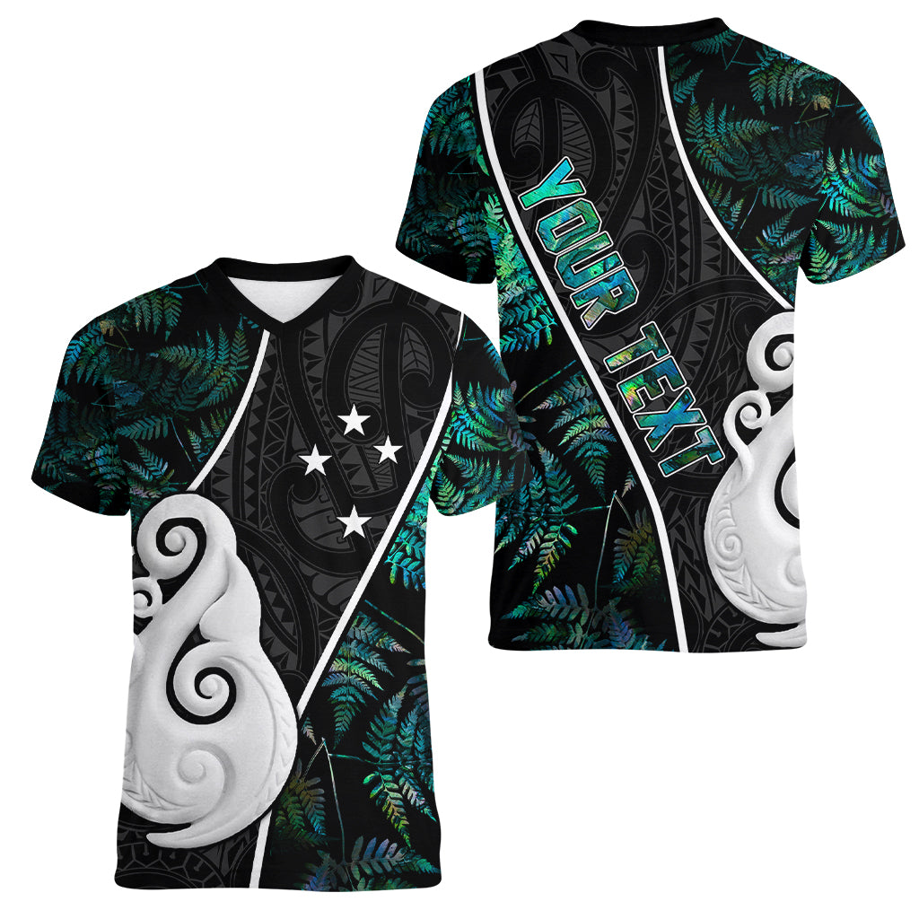 Personalised New Zealand Women V Neck T Shirt Paua Shell Maori Manaia with Silver Ferns - Vibe Hoodie Shop