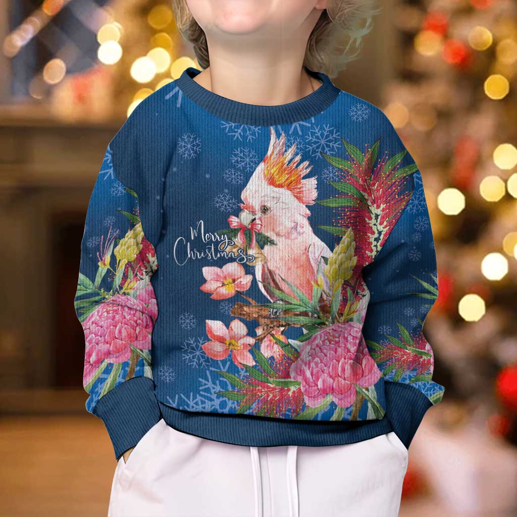 Australia Christmas Pink Cockatoo with Banksia Kid Ugly Christmas Sweater Snowy Blue - Vibe Hoodie