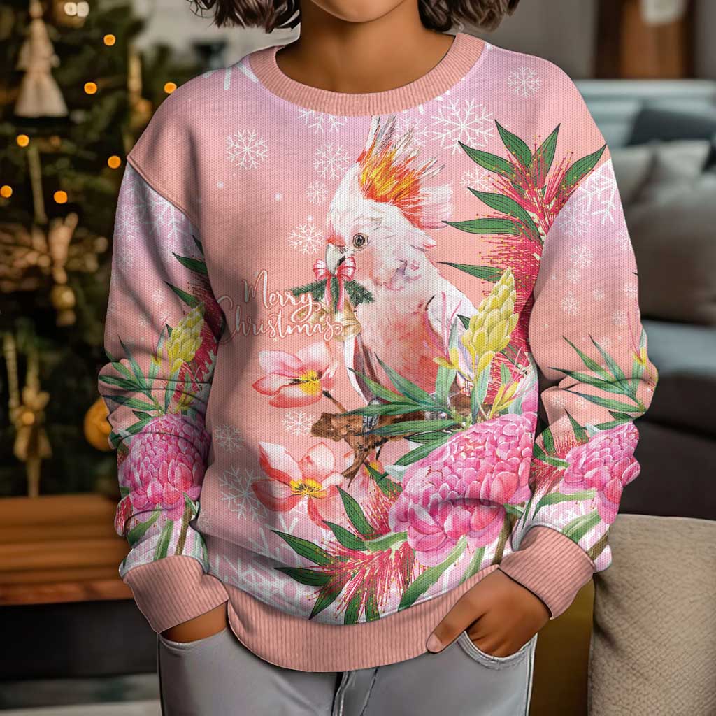 Australia Christmas Pink Cockatoo with Banksia Kid Ugly Christmas Sweater Coral Pink - Vibe Hoodie
