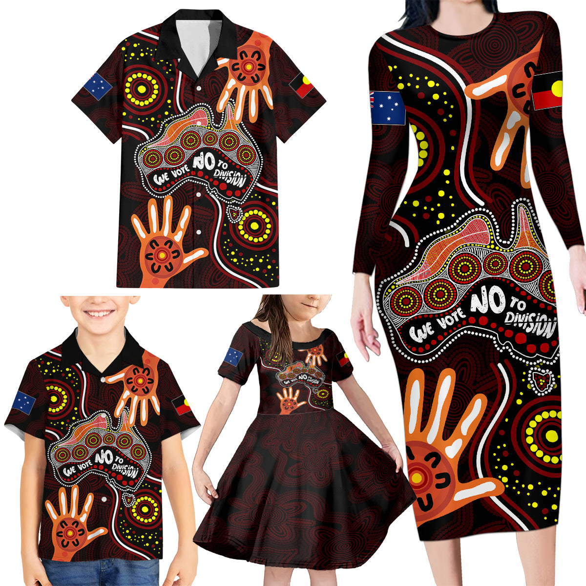 australia-indigenous-family-matching-long-sleeve-bodycon-dress-and-hawaiian-shirt-we-vote-no-to-division-aboriginal-map