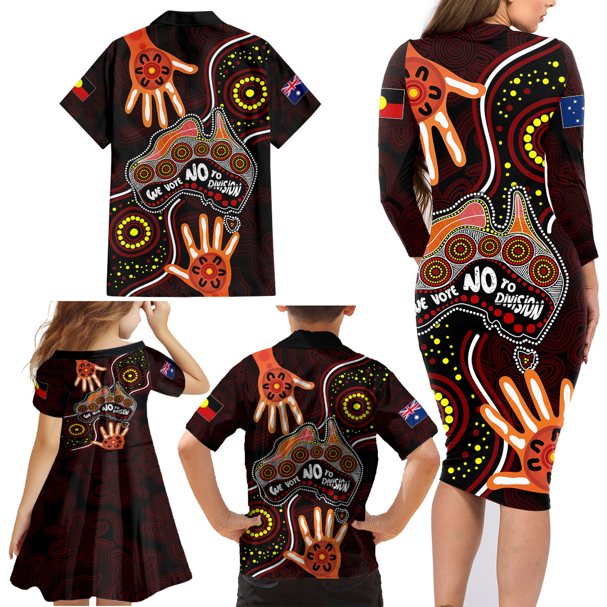 australia-indigenous-family-matching-long-sleeve-bodycon-dress-and-hawaiian-shirt-we-vote-no-to-division-aboriginal-map