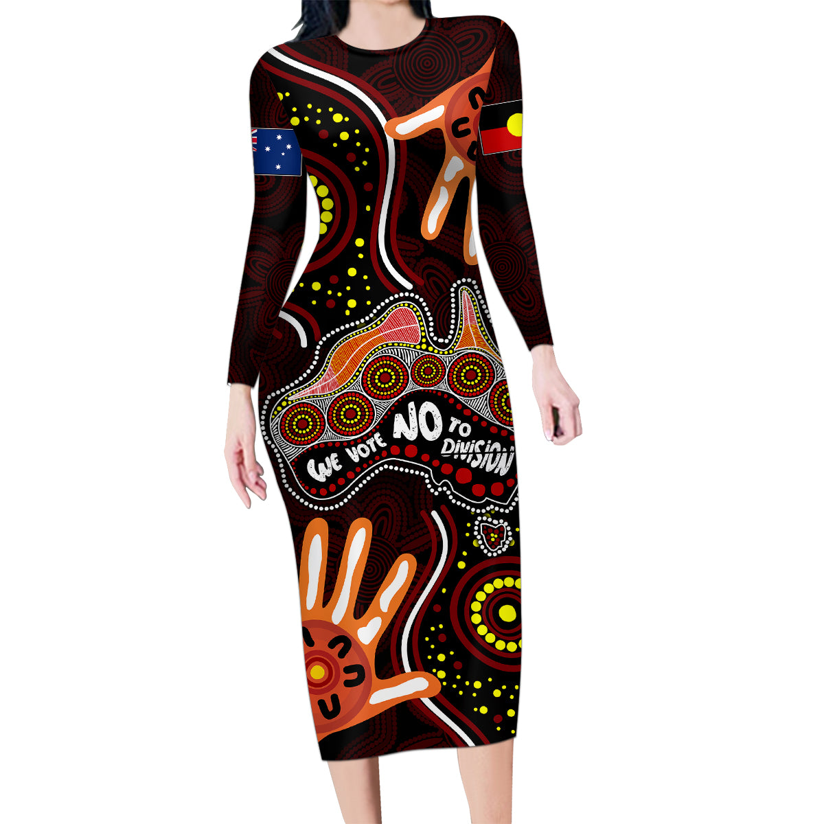 australia-indigenous-family-matching-long-sleeve-bodycon-dress-and-hawaiian-shirt-we-vote-no-to-division-aboriginal-map