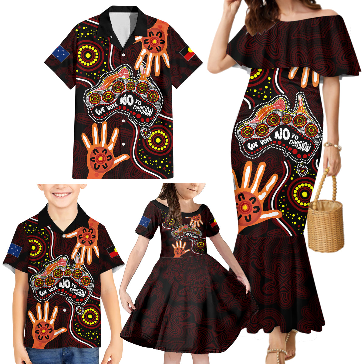 australia-indigenous-family-matching-mermaid-dress-and-hawaiian-shirt-we-vote-no-to-division-aboriginal-map