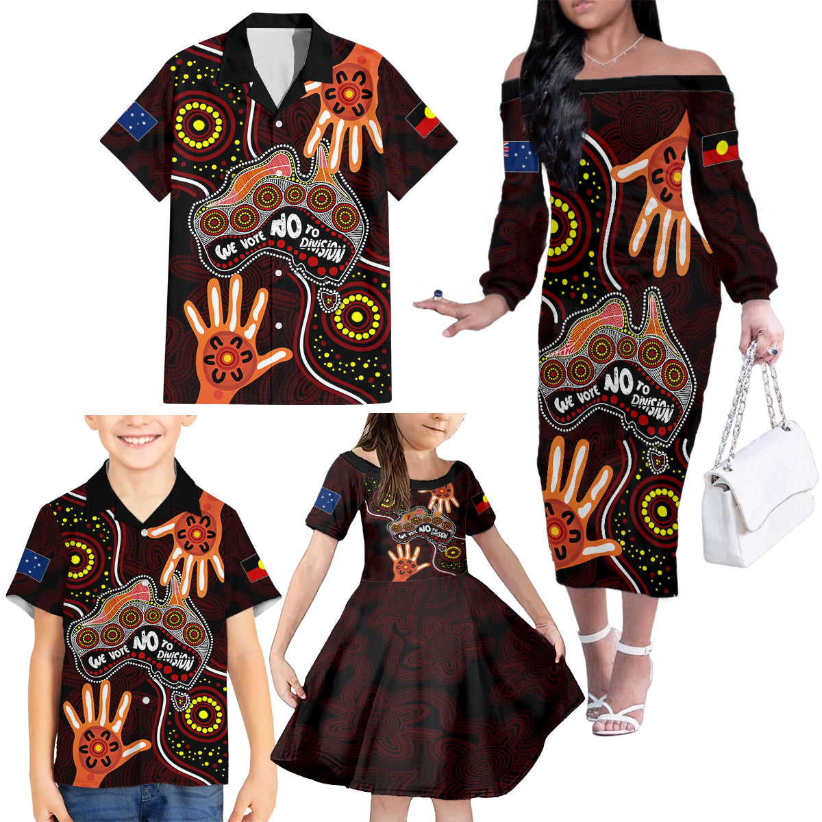 australia-indigenous-family-matching-off-shoulder-long-sleeve-dress-and-hawaiian-shirt-we-vote-no-to-division-aboriginal-map