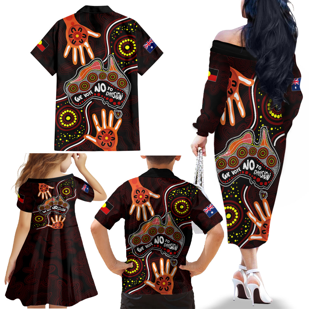 australia-indigenous-family-matching-off-shoulder-long-sleeve-dress-and-hawaiian-shirt-we-vote-no-to-division-aboriginal-map