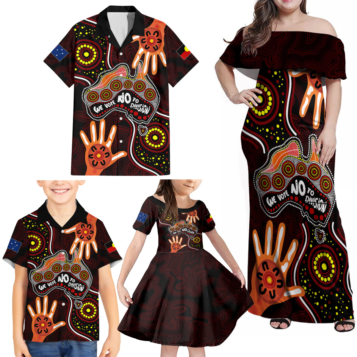 australia-indigenous-family-matching-off-shoulder-maxi-dress-and-hawaiian-shirt-we-vote-no-to-division-aboriginal-map