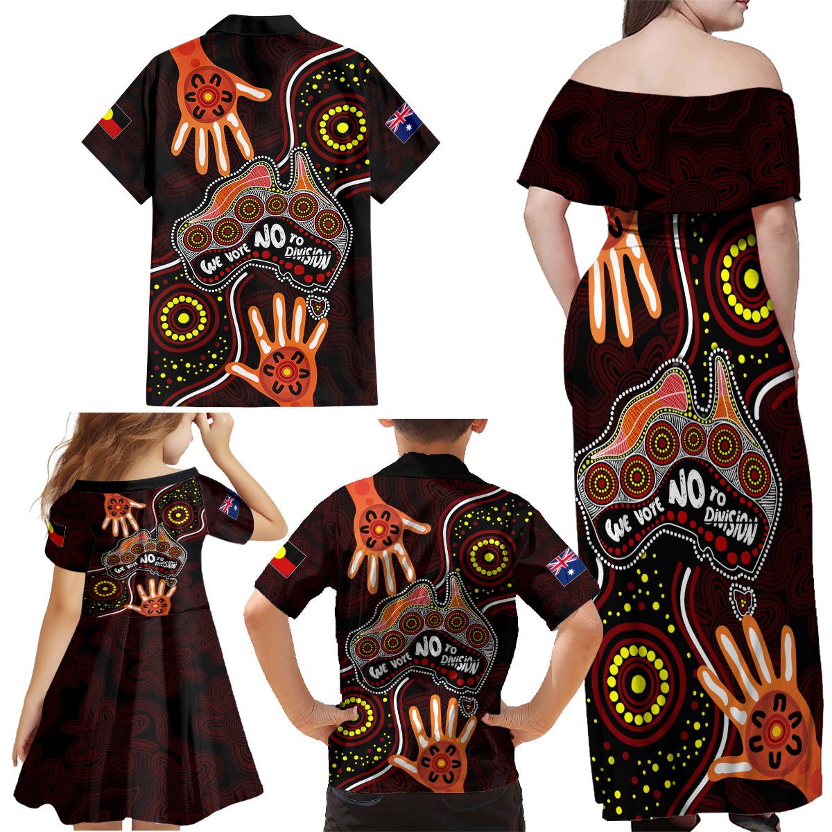 australia-indigenous-family-matching-off-shoulder-maxi-dress-and-hawaiian-shirt-we-vote-no-to-division-aboriginal-map