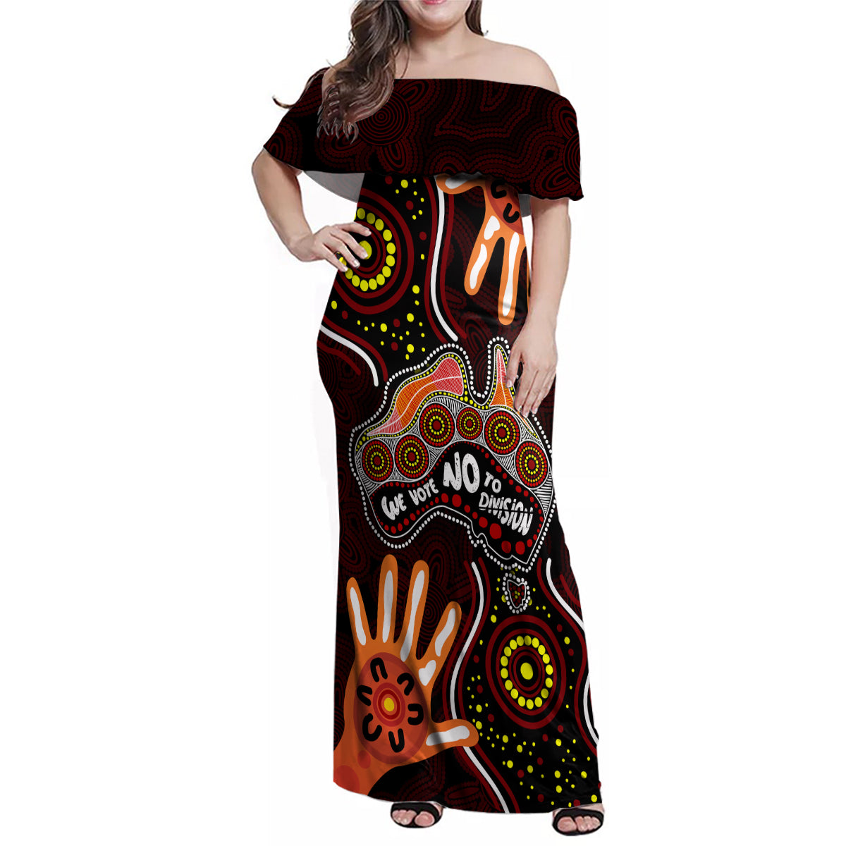 australia-indigenous-family-matching-off-shoulder-maxi-dress-and-hawaiian-shirt-we-vote-no-to-division-aboriginal-map