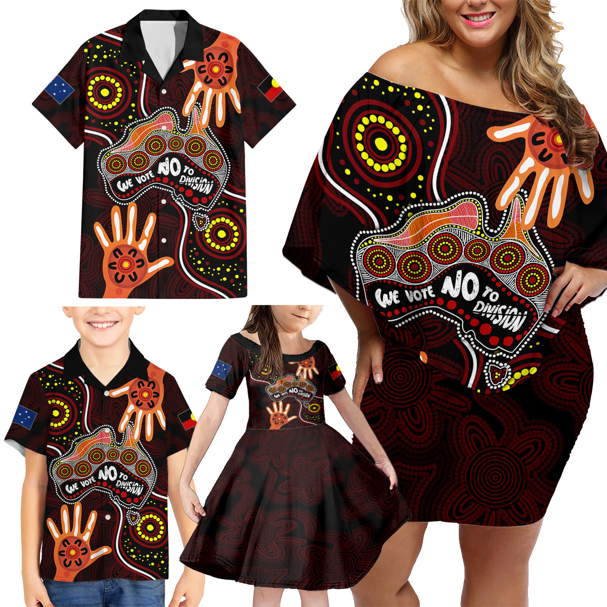 australia-indigenous-family-matching-off-shoulder-short-dress-and-hawaiian-shirt-we-vote-no-to-division-aboriginal-map