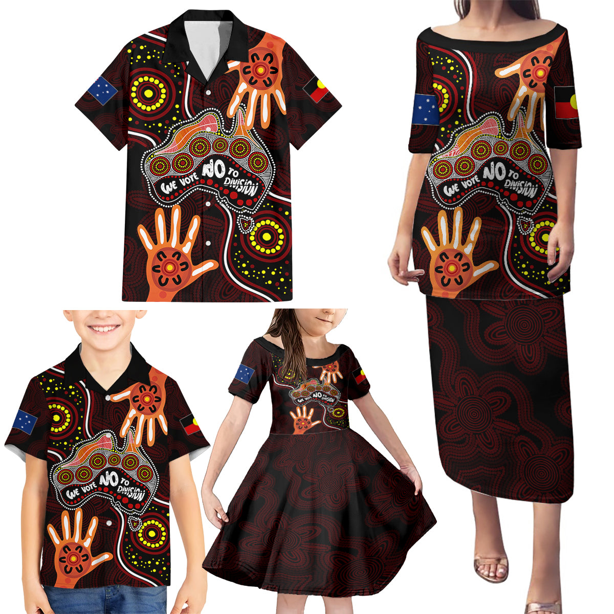 australia-indigenous-family-matching-puletasi-dress-and-hawaiian-shirt-we-vote-no-to-division-aboriginal-map