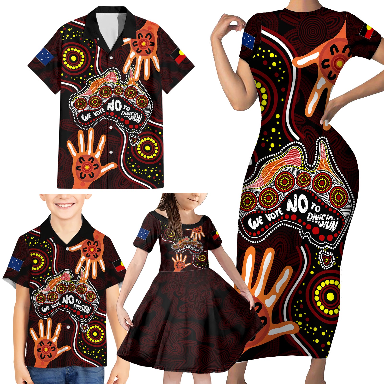 australia-indigenous-family-matching-short-sleeve-bodycon-dress-and-hawaiian-shirt-we-vote-no-to-division-aboriginal-map