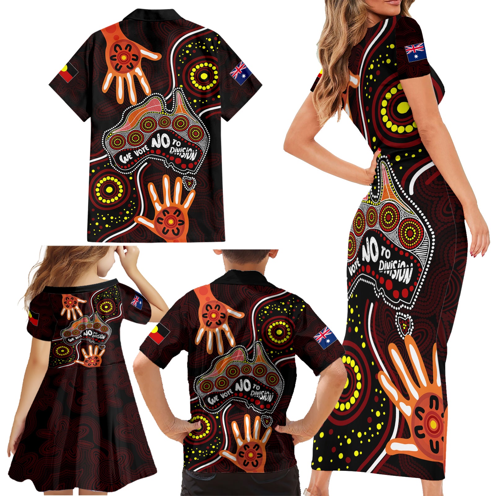 australia-indigenous-family-matching-short-sleeve-bodycon-dress-and-hawaiian-shirt-we-vote-no-to-division-aboriginal-map