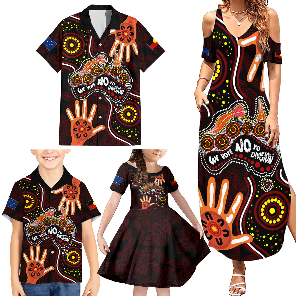 australia-indigenous-family-matching-summer-maxi-dress-and-hawaiian-shirt-we-vote-no-to-division-aboriginal-map