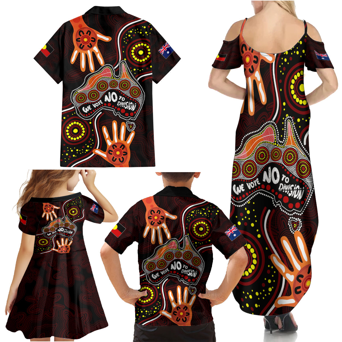 australia-indigenous-family-matching-summer-maxi-dress-and-hawaiian-shirt-we-vote-no-to-division-aboriginal-map