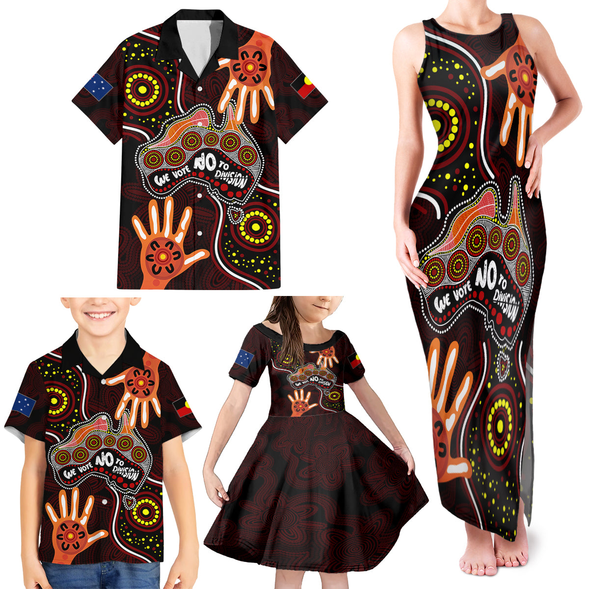 australia-indigenous-family-matching-tank-maxi-dress-and-hawaiian-shirt-we-vote-no-to-division-aboriginal-map