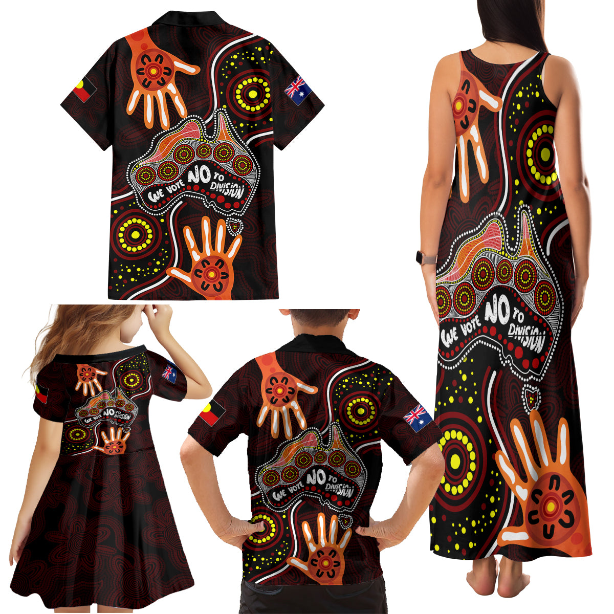 australia-indigenous-family-matching-tank-maxi-dress-and-hawaiian-shirt-we-vote-no-to-division-aboriginal-map