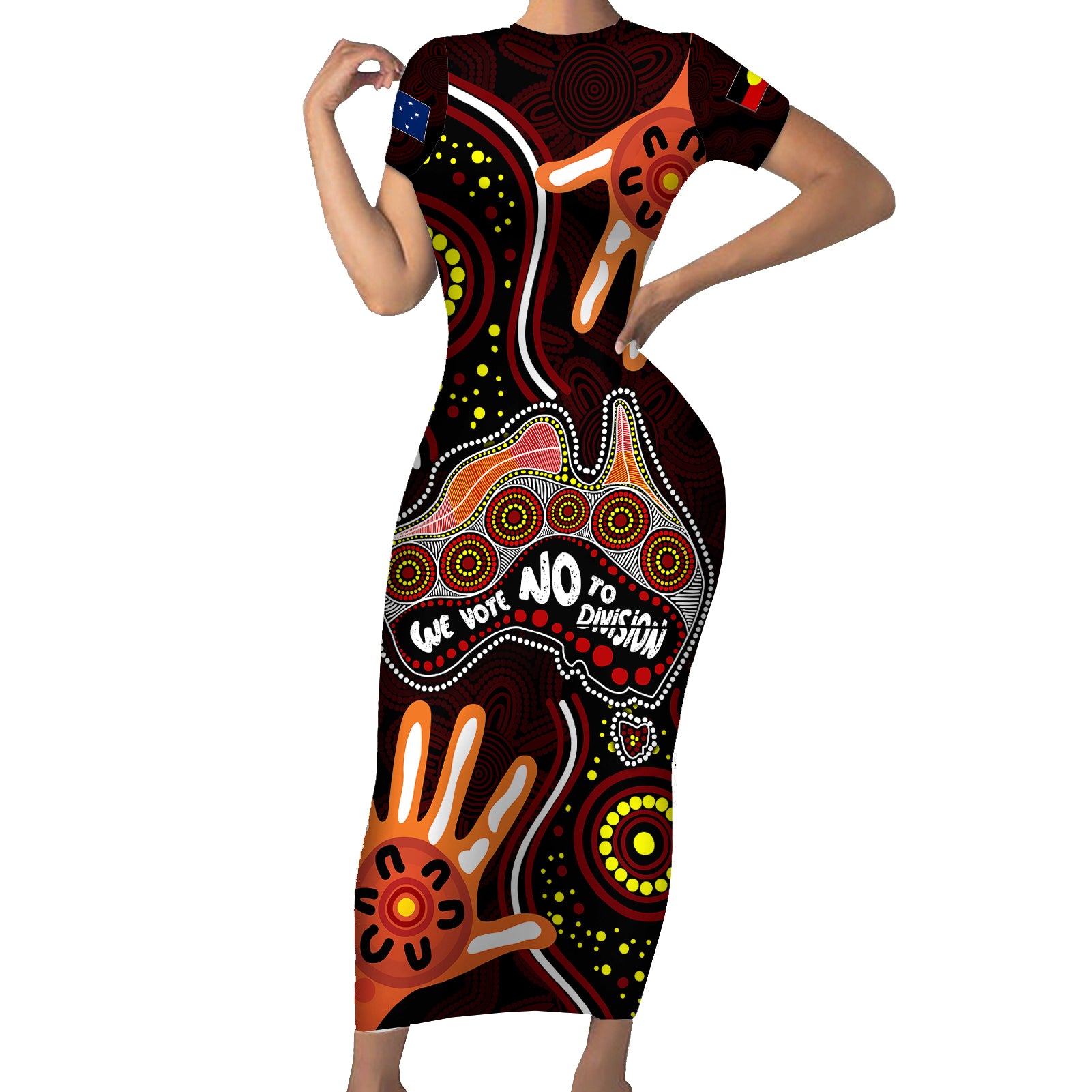 australia-indigenous-short-sleeve-bodycon-dress-we-vote-no-to-division-aboriginal-map