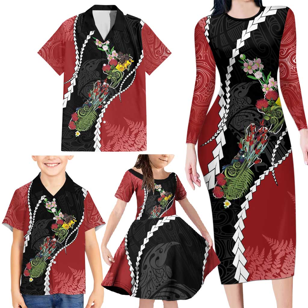 New Zealand Christmas Family Matching Long Sleeve Bodycon Dress and Hawaiian Shirt Flora Map with Birds - Vibe Hoodie