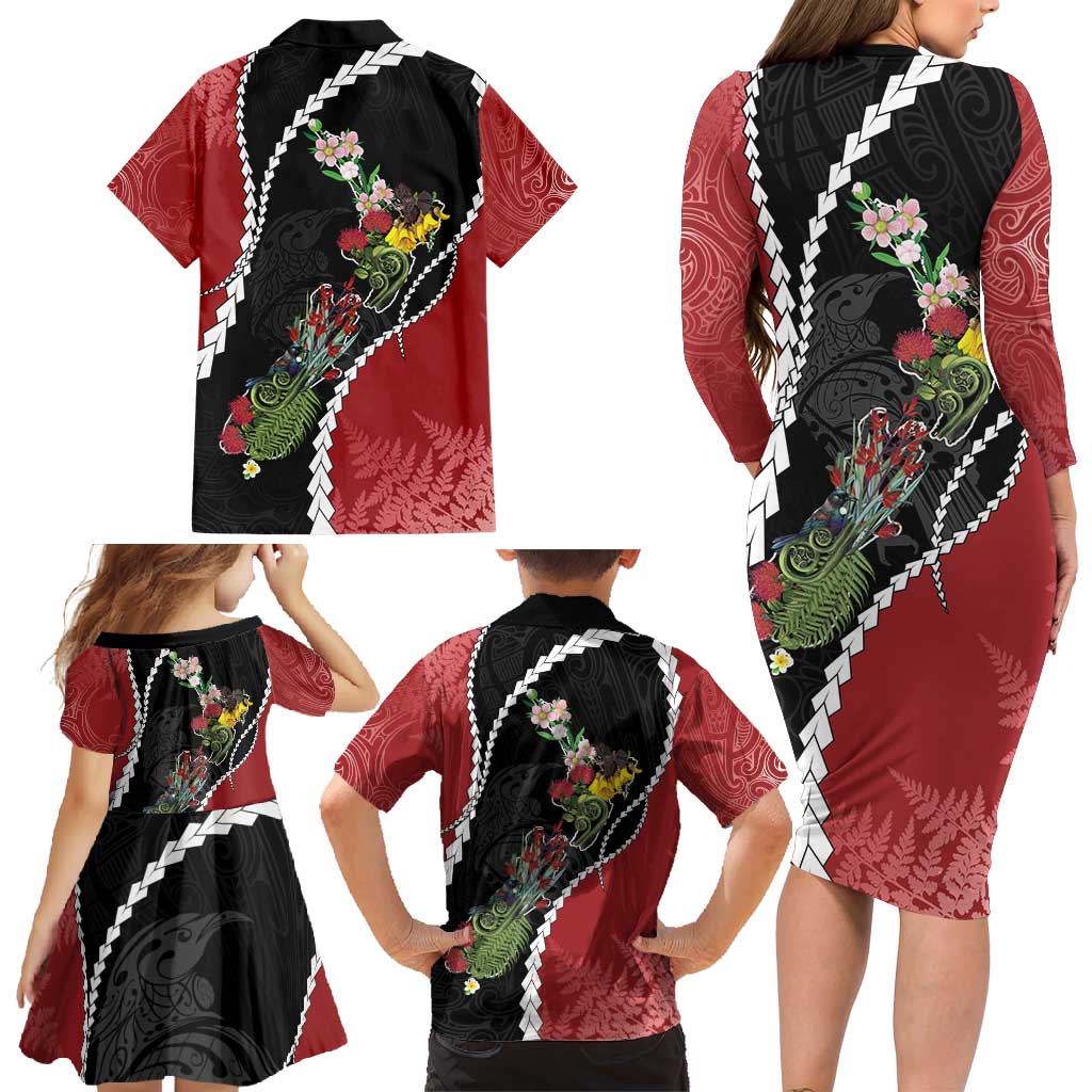 New Zealand Christmas Family Matching Long Sleeve Bodycon Dress and Hawaiian Shirt Flora Map with Birds - Vibe Hoodie