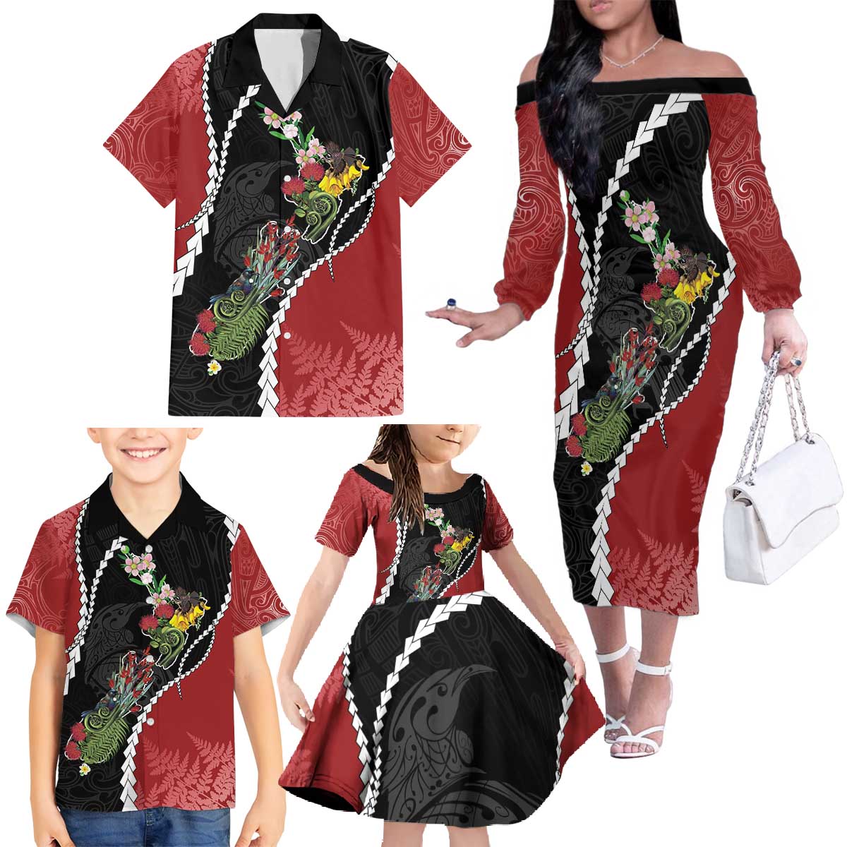 New Zealand Christmas Family Matching Off The Shoulder Long Sleeve Dress and Hawaiian Shirt Flora Map with Birds - Vibe Hoodie