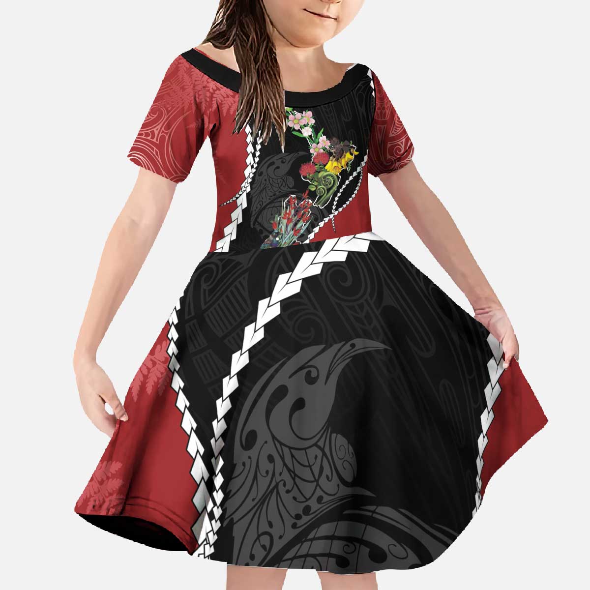 New Zealand Christmas Family Matching Off The Shoulder Long Sleeve Dress and Hawaiian Shirt Flora Map with Birds - Vibe Hoodie