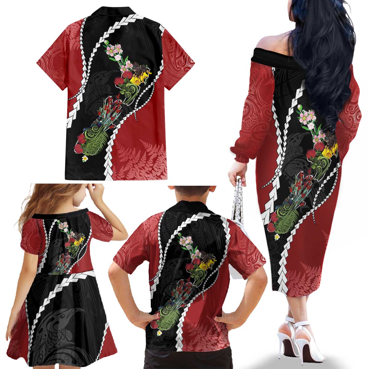 New Zealand Christmas Family Matching Off The Shoulder Long Sleeve Dress and Hawaiian Shirt Flora Map with Birds - Vibe Hoodie