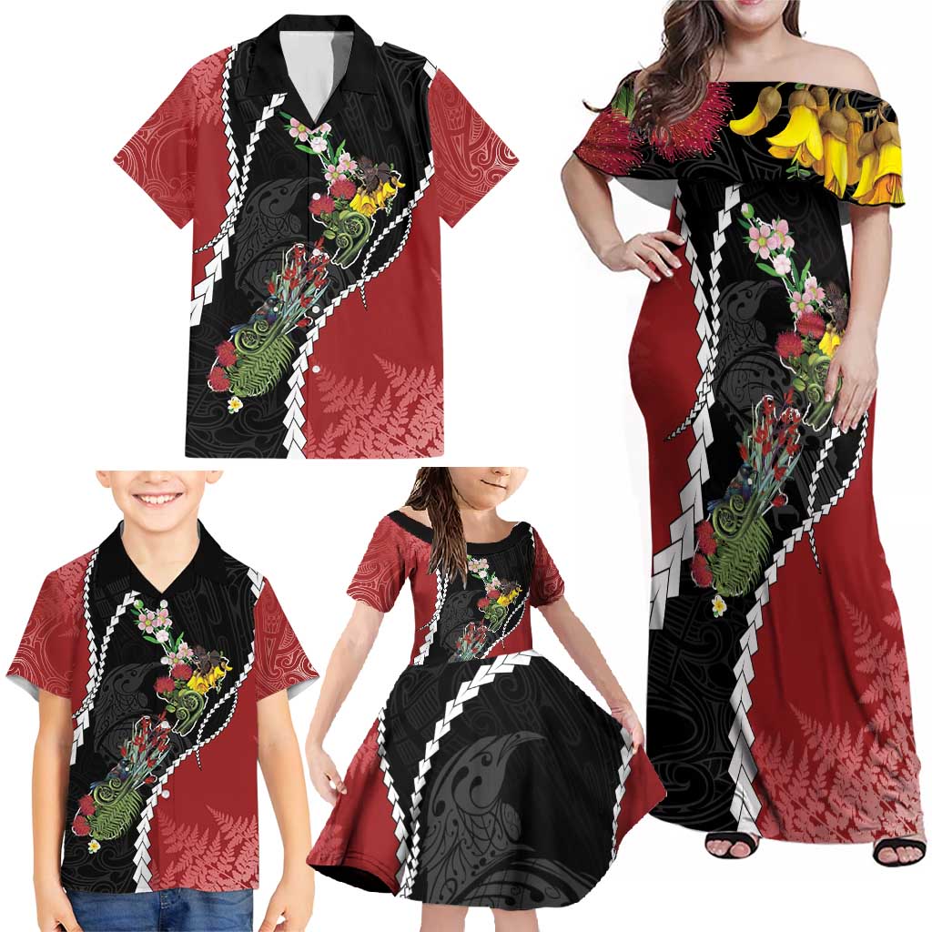 New Zealand Christmas Family Matching Off Shoulder Maxi Dress and Hawaiian Shirt Flora Map with Birds - Vibe Hoodie