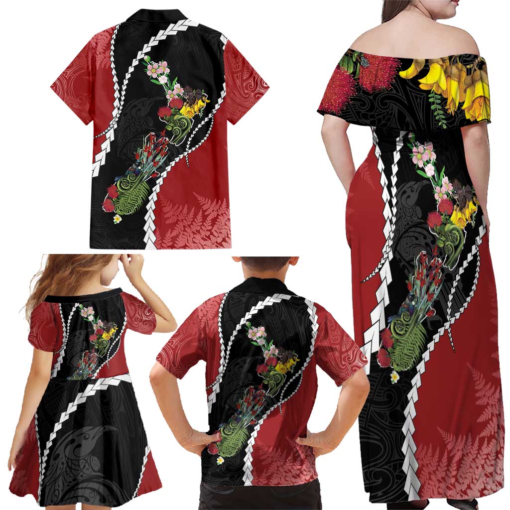 New Zealand Christmas Family Matching Off Shoulder Maxi Dress and Hawaiian Shirt Flora Map with Birds - Vibe Hoodie