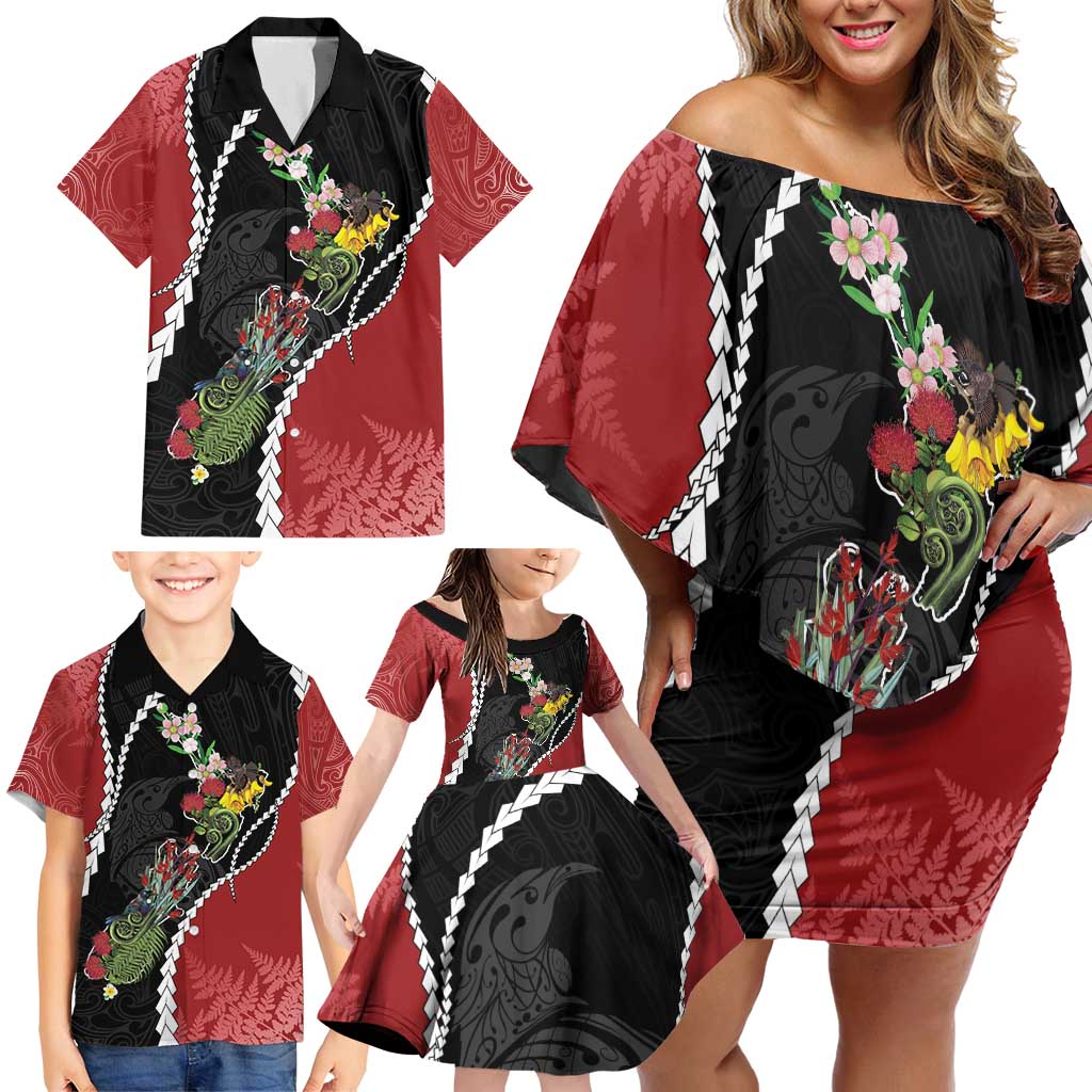 New Zealand Christmas Family Matching Off Shoulder Short Dress and Hawaiian Shirt Flora Map with Birds - Vibe Hoodie