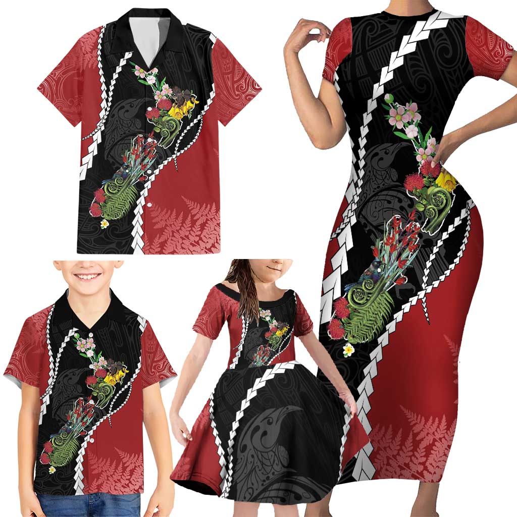 New Zealand Christmas Family Matching Short Sleeve Bodycon Dress and Hawaiian Shirt Flora Map with Birds - Vibe Hoodie