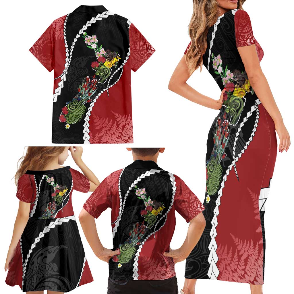 New Zealand Christmas Family Matching Short Sleeve Bodycon Dress and Hawaiian Shirt Flora Map with Birds - Vibe Hoodie