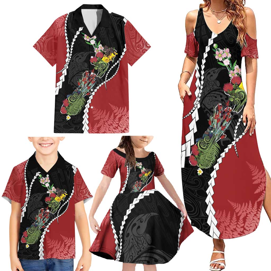 New Zealand Christmas Family Matching Summer Maxi Dress and Hawaiian Shirt Flora Map with Birds - Vibe Hoodie