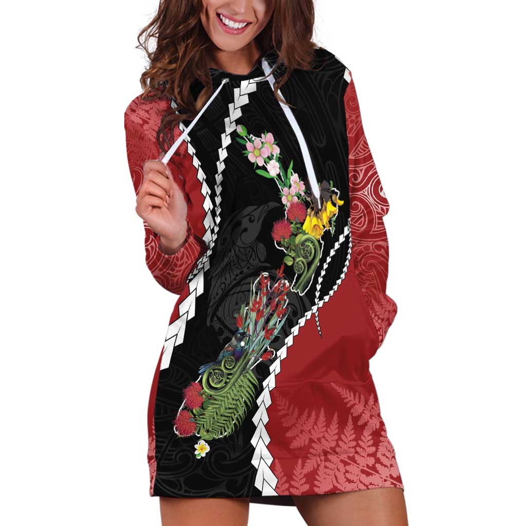 New Zealand Christmas Hoodie Dress Flora Map with Birds - Vibe Hoodie