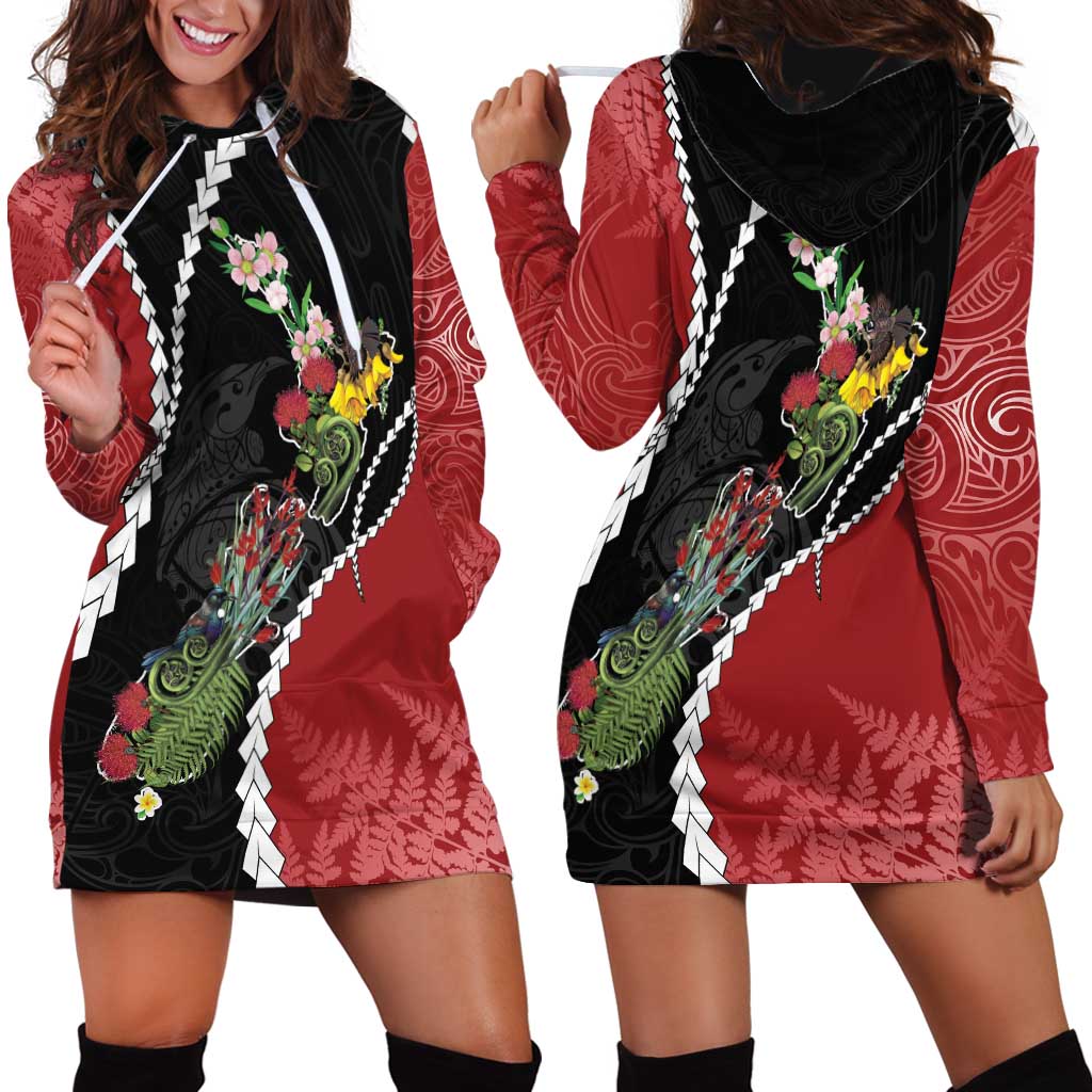 New Zealand Christmas Hoodie Dress Flora Map with Birds - Vibe Hoodie