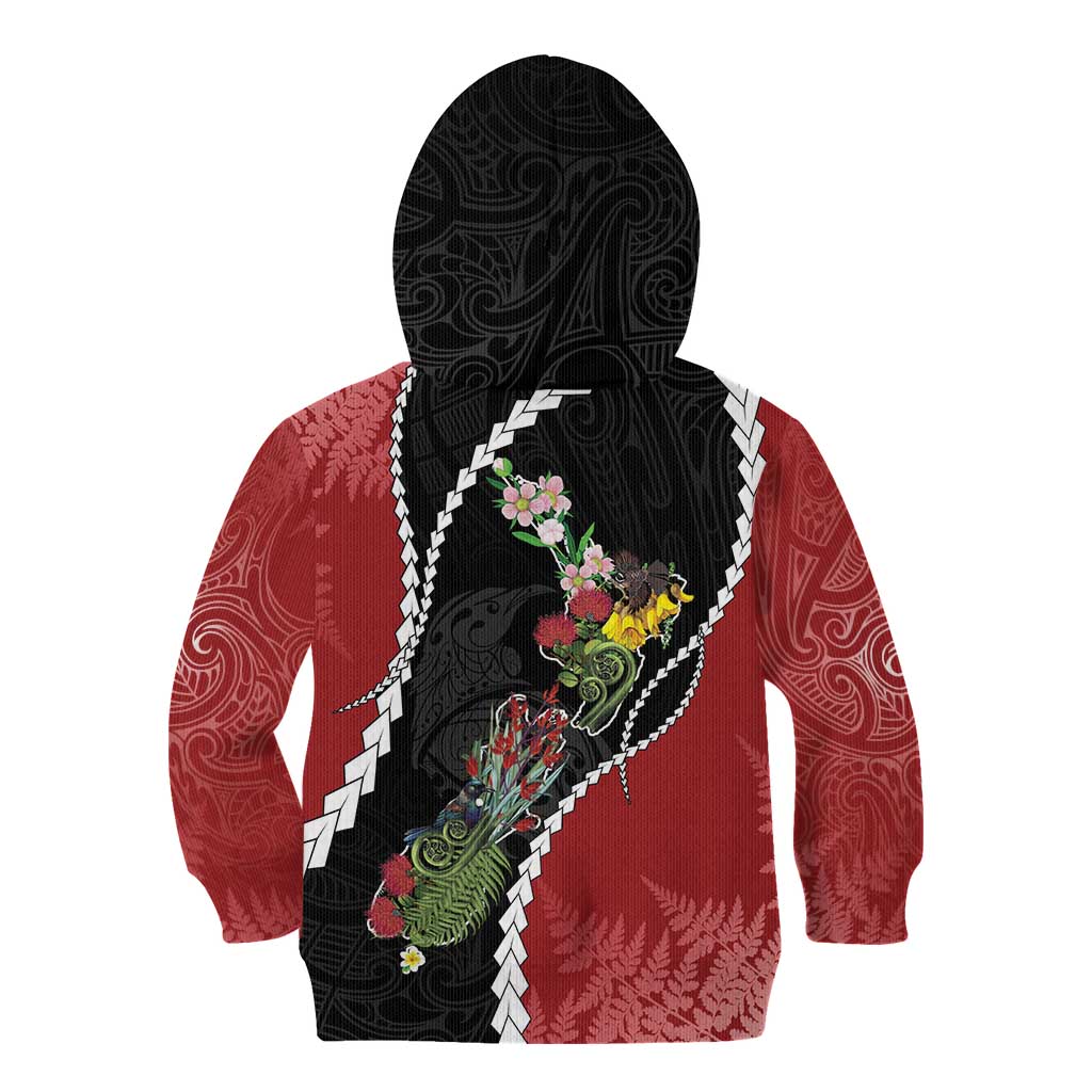 New Zealand Christmas Kid Hoodie Flora Map with Birds - Vibe Hoodie