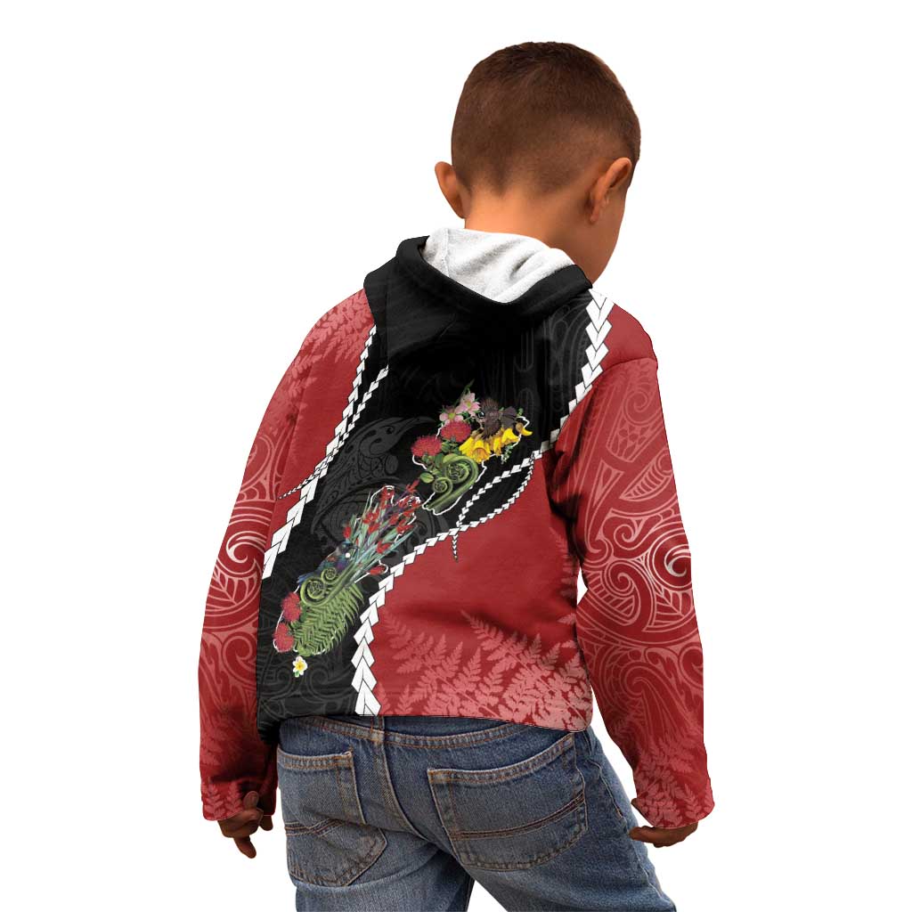 New Zealand Christmas Kid Hoodie Flora Map with Birds - Vibe Hoodie