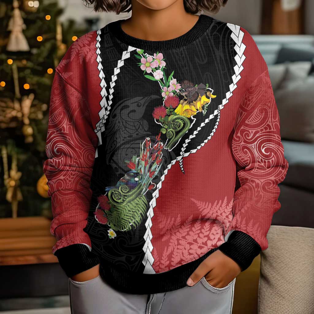 New Zealand Christmas Kid Ugly Christmas Sweater Flora Map with Birds - Vibe Hoodie