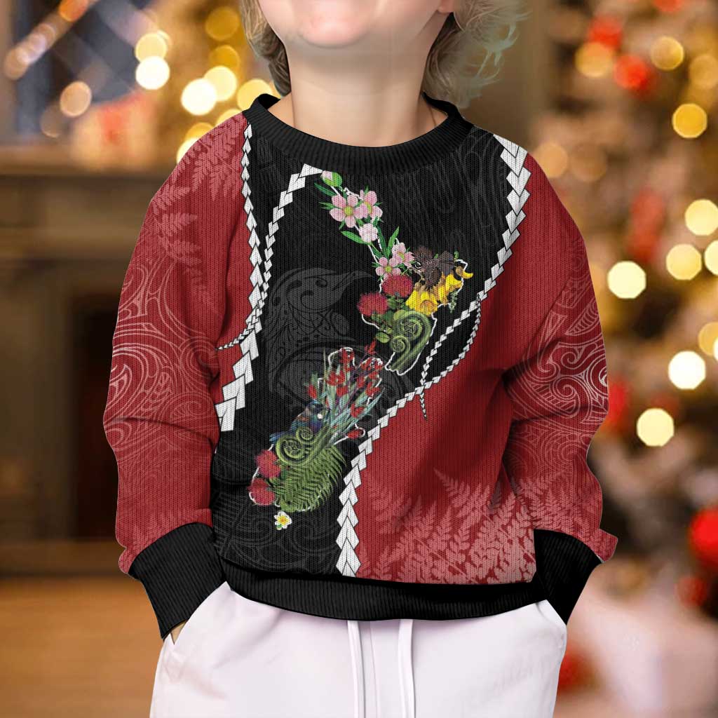 New Zealand Christmas Kid Ugly Christmas Sweater Flora Map with Birds - Vibe Hoodie