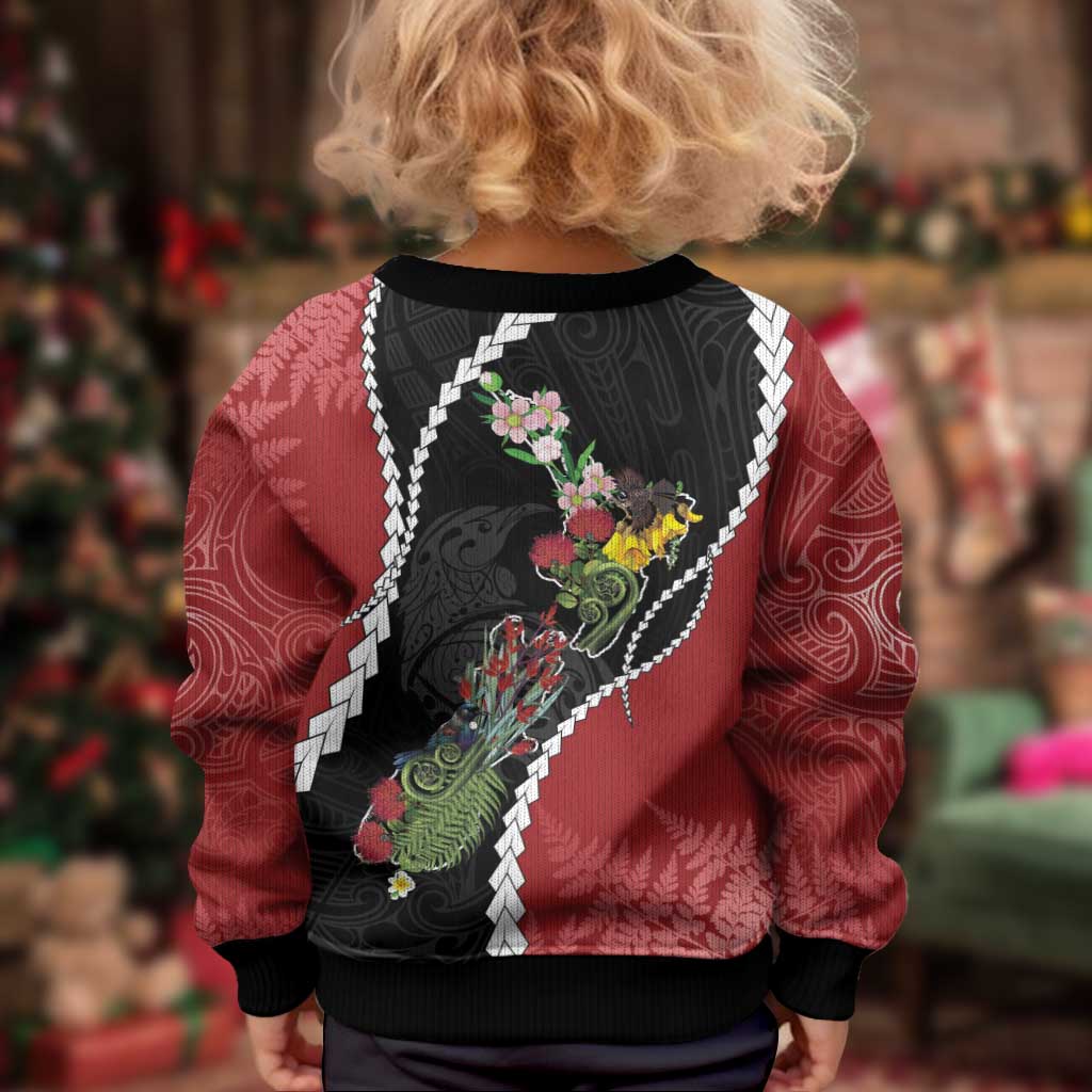 New Zealand Christmas Kid Ugly Christmas Sweater Flora Map with Birds - Vibe Hoodie