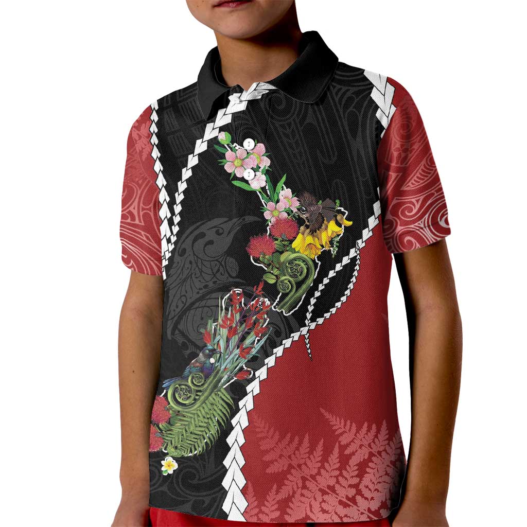 New Zealand Christmas Kid Polo Shirt Flora Map with Birds - Vibe Hoodie