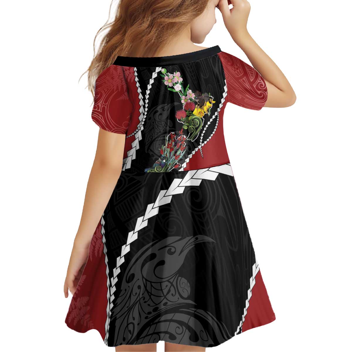 New Zealand Christmas Kid Short Sleeve Dress Flora Map with Birds - Vibe Hoodie