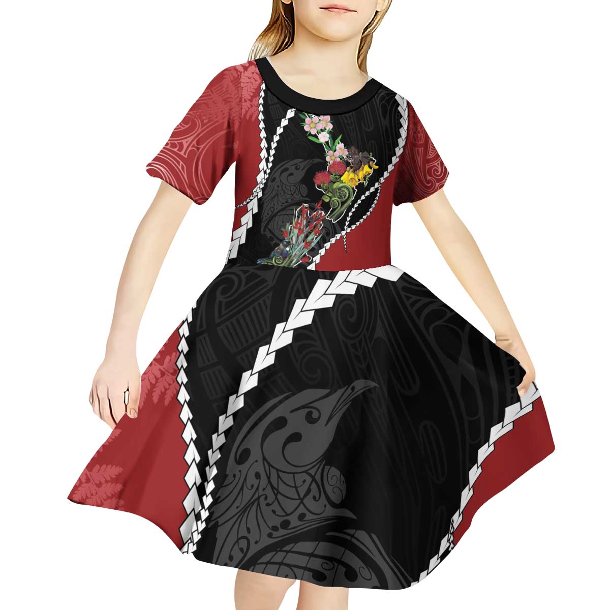 New Zealand Christmas Kid Short Sleeve Dress Flora Map with Birds - Vibe Hoodie